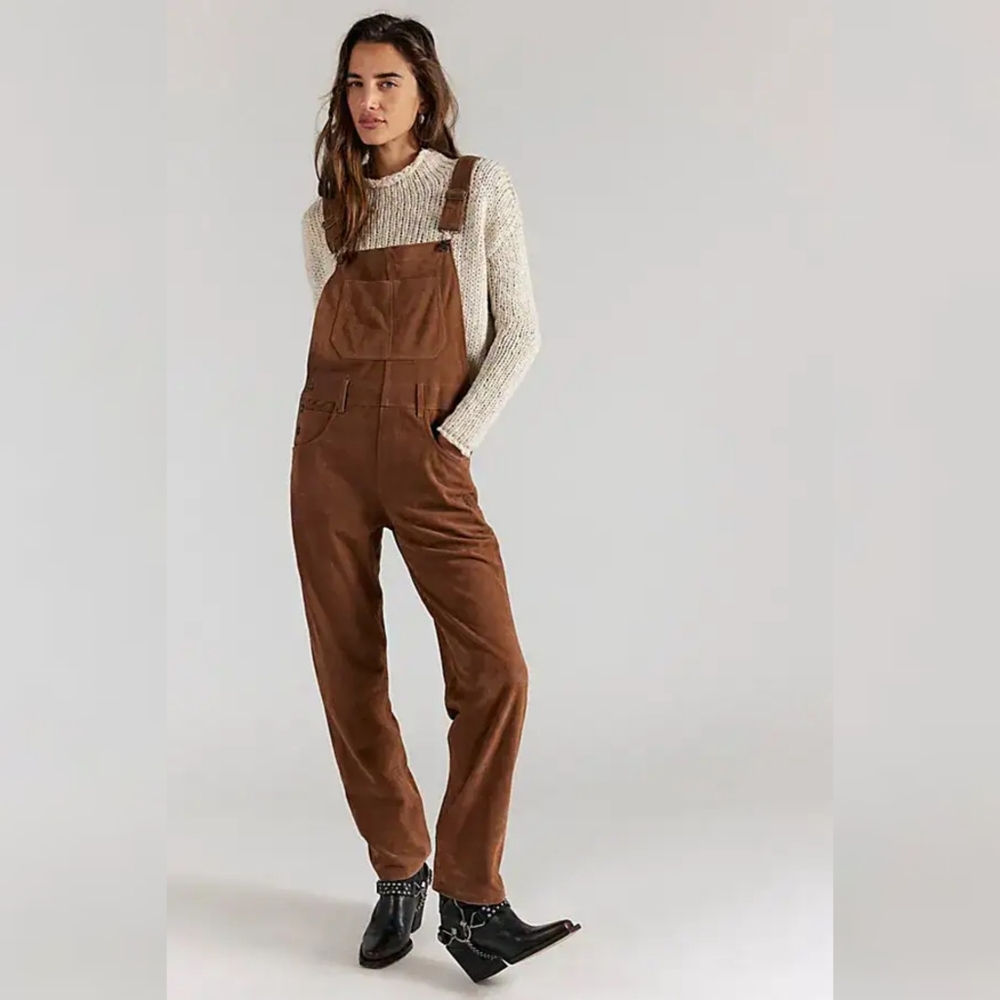 Free People We The Free Ziggy Suede Overalls Roasted Chestnut Brown